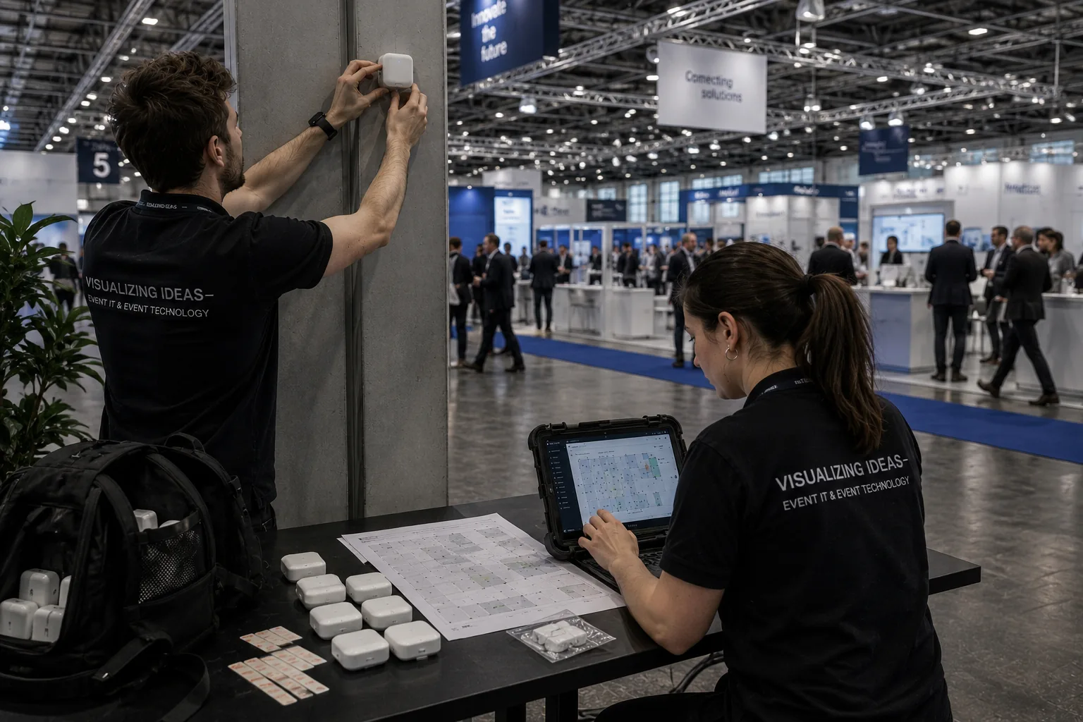 Zwei Teammitglieder installieren Bluetooth-Beacons und prüfen den Hallenplan auf dem Tablet